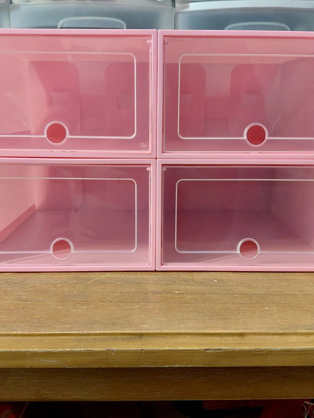 Set of 4 Pink Stackable Shoe Storage Boxes - Clear Front Drop-Front Organizers